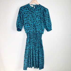 Vintage Cottagecore Puffed Poof Sleeve Floral Ruched Smocking Midi Mini Dress
